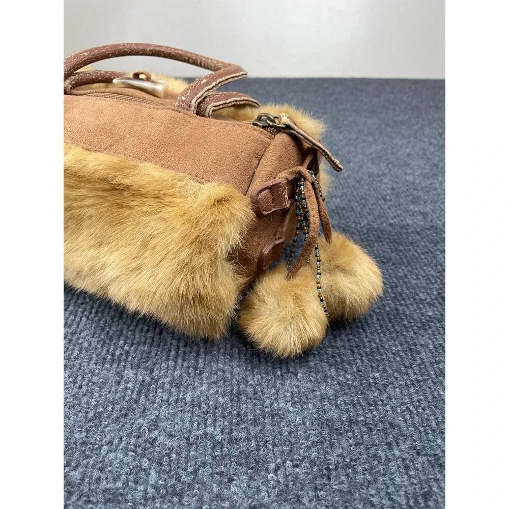 Vintage Tan Suede Faux Fur Barrel Bag Pom Pom Beaded Fringe Horn Toggle Boho